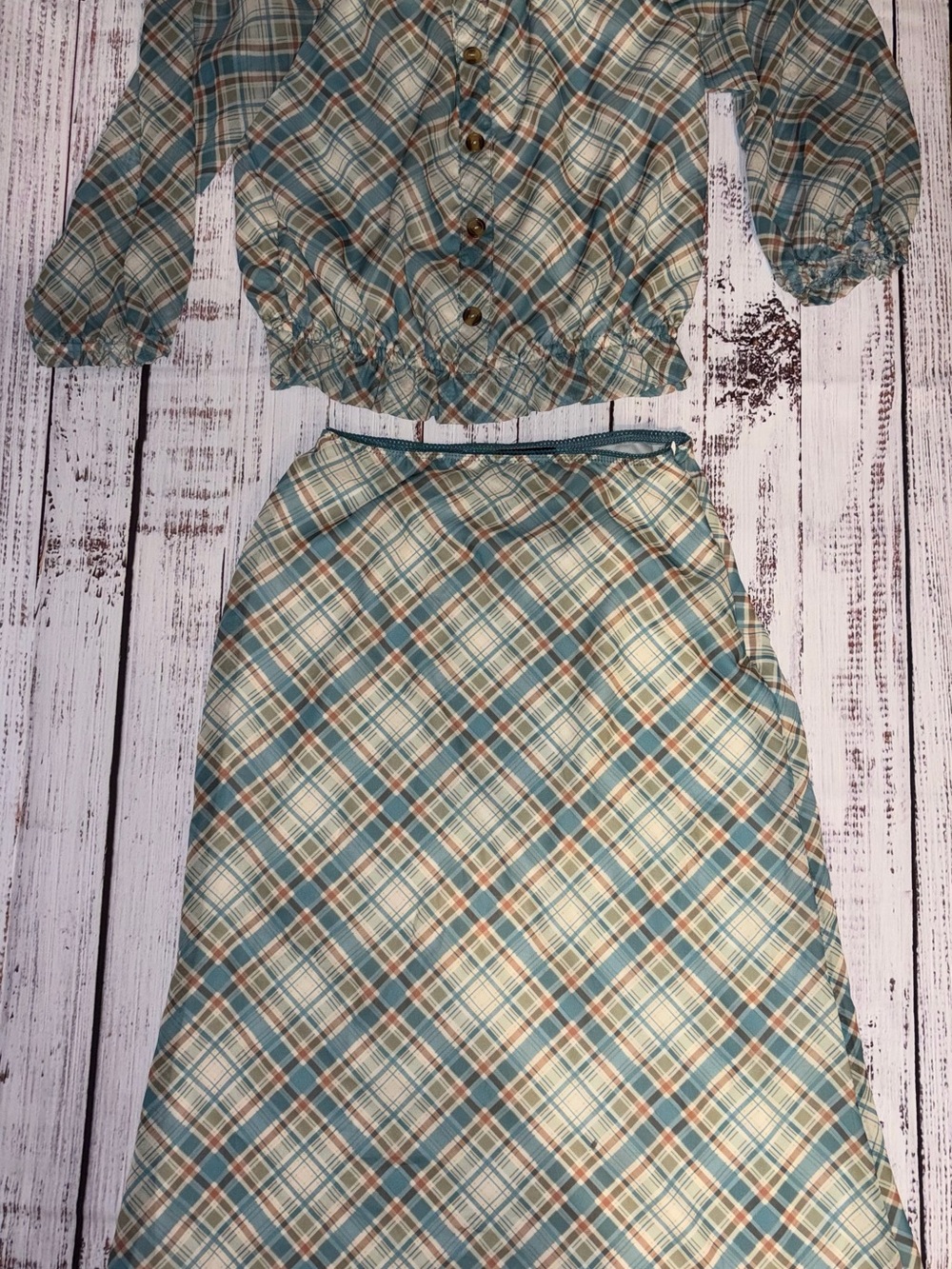 Iz Byer Plaid Two-Piece Dress Set in Teal and Cream with Brown Accents Sz 16/12
